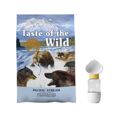 Karma dla psa TASTE OF THE WILD Pacific Stream Łosoś 12.2 kg + Butelka PETIQUE z pojemnikiem na przysmaki 2w1 550 ml Biały