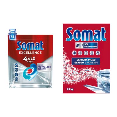 Kapsułki do zmywarki SOMAT Excellence 4w1 - 75 szt. + Sól do zmywarek SOMAT 1.5 kg