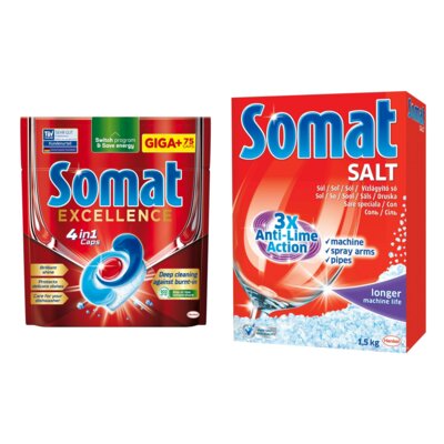 Kapsułki do zmywarki SOMAT Excellence 4w1 - 75 szt. + Sól do zmywarek SOMAT 1.5 kg