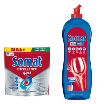 Kapsułki do zmywarki SOMAT Excellence 4w1 - 75 szt. + Nabłyszczacz do zmywarek SOMAT Rinser 750 ml