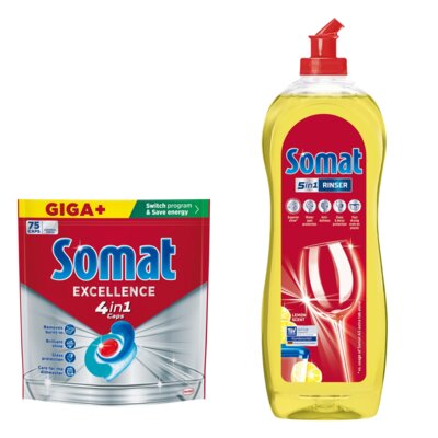 Kapsułki do zmywarki SOMAT Excellence 4w1 - 75 szt. + Nabłyszczacz do zmywarek SOMAT Lemon & Lime 750 ml