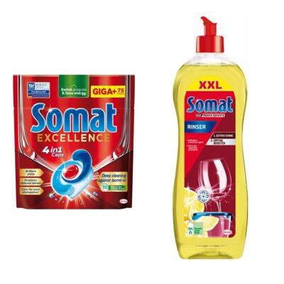 Kapsułki do zmywarki SOMAT Excellence 4w1 - 75 szt. + Nabłyszczacz do zmywarek SOMAT Lemon & Lime 750 ml