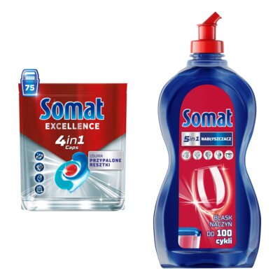Kapsułki do zmywarki SOMAT Excellence 4w1 - 75 szt. + Nabłyszczacz do zmywarek SOMAT Original 500 ml