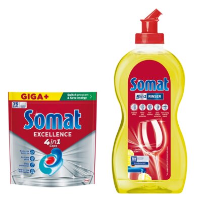 Kapsułki do zmywarki SOMAT Excellence 4w1 - 75 szt. + Nabłyszczacz do zmywarek SOMAT Lemon & Lime 500 ml