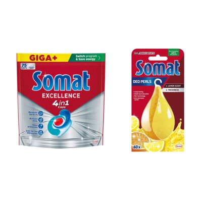 Kapsułki do zmywarki SOMAT Excellence 4w1 - 75 szt. + Odświeżacz do zmywarek SOMAT Somat Deo Lemon