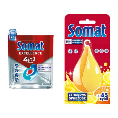 Kapsułki do zmywarki SOMAT Excellence 4w1 - 75 szt. + Odświeżacz do zmywarek SOMAT Somat Deo Lemon