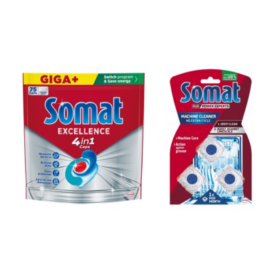 Kapsułki do zmywarki SOMAT Excellence 4w1 - 75 szt. + Kapsułki do czyszczenia zmywarki SOMAT Machine Cleaner - 3 szt.