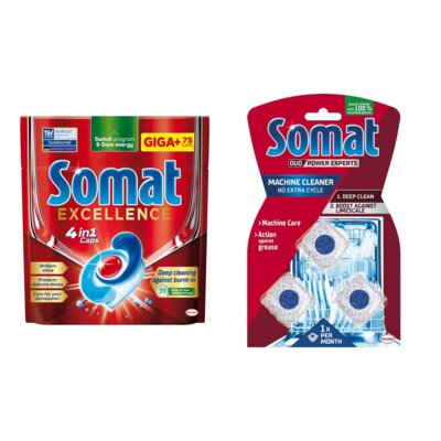 Kapsułki do zmywarki SOMAT Excellence 4w1 - 75 szt. + Kapsułki do czyszczenia zmywarki SOMAT Machine Cleaner - 3 szt.