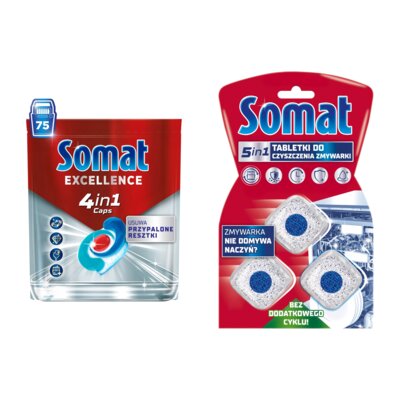 Kapsułki do zmywarki SOMAT Excellence 4w1 - 75 szt. + Kapsułki do czyszczenia zmywarki SOMAT Machine Cleaner - 3 szt.