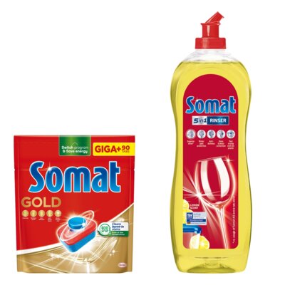 Tabletki do zmywarek SOMAT Gold - 90 szt. + Nabłyszczacz do zmywarek SOMAT Lemon & Lime 750 ml
