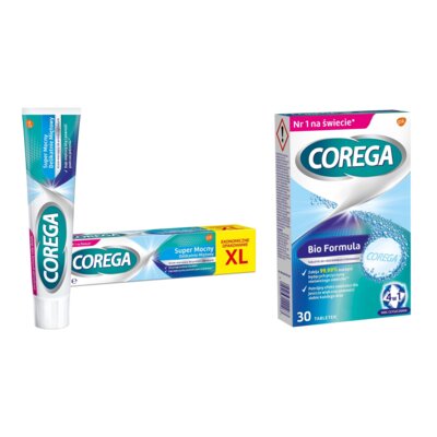 Krem do protez COREGA Super Mocny Delikatnie Miętowy 70 g + Tabletki do czyszczenia protez COREGA Bio Formuła (30 szt.)