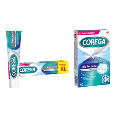Krem do protez COREGA Super Mocny Neutralny Smak 70 g + Tabletki do czyszczenia protez COREGA Bio Formuła (30 szt.)