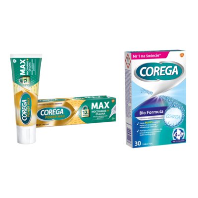 Krem do protez COREGA Max Mocowanie + Osłona Miętowy 40 g + Tabletki do czyszczenia protez COREGA Bio Formuła (30 szt.)