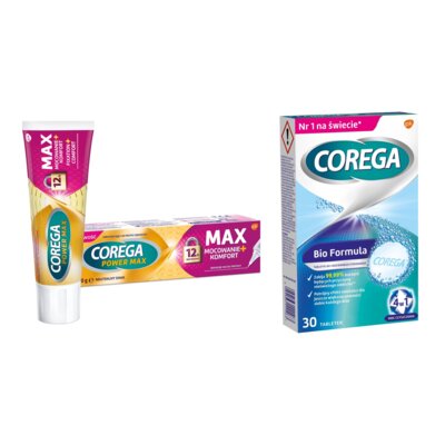 Krem do protez COREGA Power Max Mocowanie + Komfort 40 g + Tabletki do czyszczenia protez COREGA Bio Formuła (30 szt.)