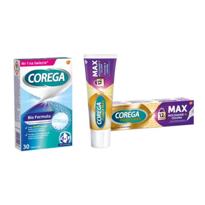 Tabletki do czyszczenia protez COREGA Bio Formuła (30 szt.) + Krem do protez COREGA Max Mocowanie + Osłona 40 g