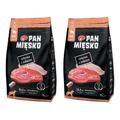 Karma dla psa PAN MIĘSKO Cielęcina z indykiem XS 2 x 9 kg