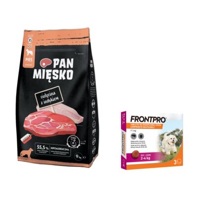 Karma dla psa PAN MIĘSKO Cielęcina z Indykiem XS 9 kg + Tabletka przeciw pchłom i kleszczom FRONTPRO S (2 - 4 kg) Ochrona przez 12 tygodni