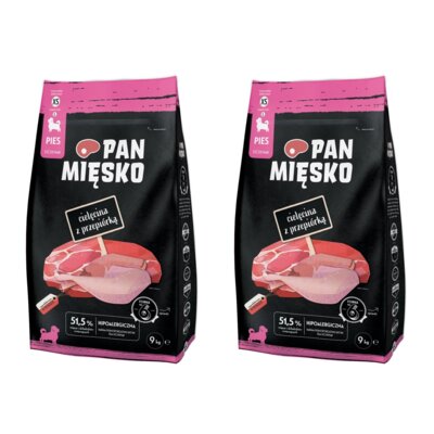Karma dla psa PAN MIĘSKO Cielęcina z przepiórką XS 2 x 9 kg