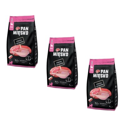 Karma dla psa PAN MIĘSKO Cielęcina z przepiórką XS 3 x 9 kg