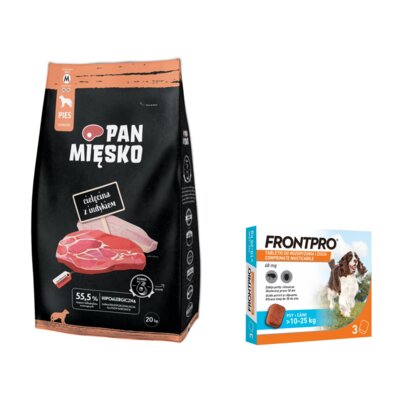 Karma dla psa PAN MIĘSKO Cielęcina z Indykiem M 20 kg + Tabletka przeciw pchłom i kleszczom FRONTPRO L (10 - 25 kg) Ochrona przez 12 tygodni