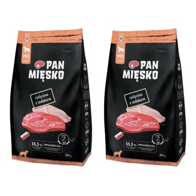 Karma dla psa PAN MIĘSKO Cielęcina z Indykiem XS 2 x 20 kg