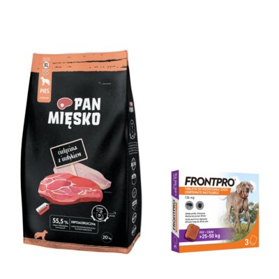 Karma dla psa PAN MIĘSKO Cielęcina z Indykiem XL 20 kg + Tabletka przeciw pchłom i kleszczom FRONTPRO XL (25 - 50 kg) Ochrona przez 12 tygodni