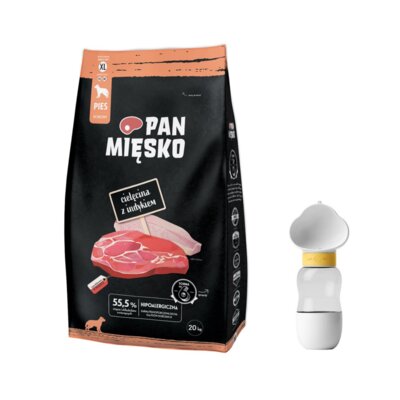 Karma dla psa PAN MIĘSKO Cielęcina z Indykiem XL 20 kg + Butelka PETIQUE z pojemnikiem na przysmaki 2w1 550 ml Biały