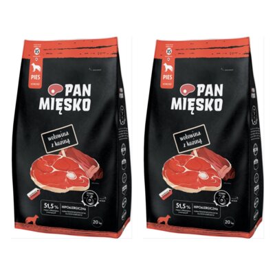 Karma dla psa PAN MIĘSKO Wołowina z koziną XS 2 x 20 kg