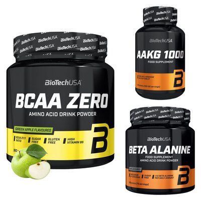 Aminokwasy Beta-alanina BIOTECH (300 g) + Przedtreningówka BIOTECH AAKG 1000 (100 tabletek) + Aminokwasy BCAA BIOTECH Zero Zielone jabłko (360 g)