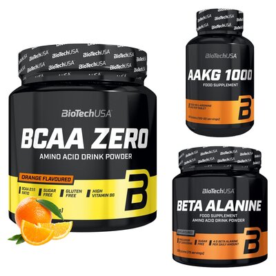 Aminokwasy Beta-alanina BIOTECH (300 g) + Przedtreningówka BIOTECH AAKG 1000 (100 tabletek) + Aminokwasy BCAA BIOTECH Zero Pomarańczowy (360 g)