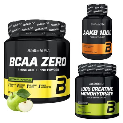 Monohydrat kreatyny BIOTECH 100% Creatine Monohydrate (300 g) + Aminokwasy BCAA BIOTECH Zero Zielone jabłko (360 g) + Przedtreningówka BIOTECH AAKG 1000 (100 tabletek)