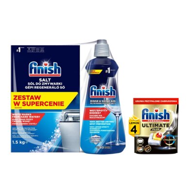 Sól do zmywarek FINISH 1.5 kg + Nabłyszczacz do zmywarek FINISH Rinse & Shine Aid 400 ml + Kapsułki do zmywarek FINISH Powerball Ultimate Plus All In 1 Lemon - 4 szt.