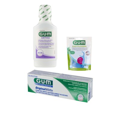 Pasta do zębów SUNSTAR GUM Original White 75 ml + Płyn do płukania jamy ustnej SUNSTAR GUM Ortho 300 ml + Nić dentystyczna SUNSTAR GUM Easy Flossers (30 sztuk)