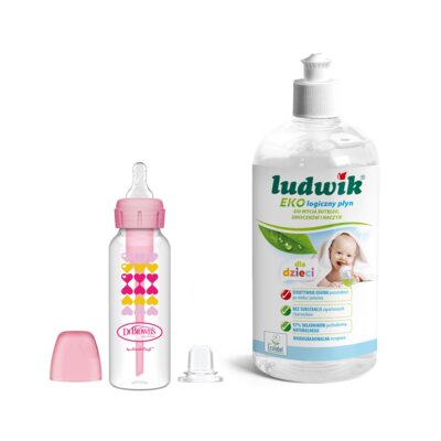Zestaw DR BROWNS Od butelki do kubka 250 ml Różowy + Płyn do mycia butelek i smoczków LUDWIK CG1010102ZEKL0121 475 ml