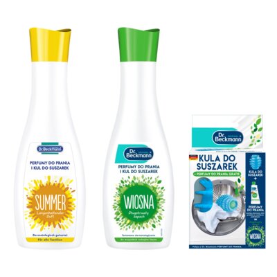 Perfumy do prania i kul do suszarek DR BECKMANN Lato 250 ml + Perfumy do prania i kul do suszarek DR BECKMANN Wiosna 250 ml + Kula do suszarek DR BECKMANN