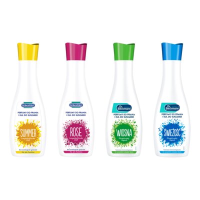 Perfumy do prania i kul do suszarek DR BECKMANN Lato 250 ml + Perfumy do prania i kul do suszarek DR BECKMANN Róża 250 ml + Perfumy do prania i kul do suszarek DR BECKMANN Wiosna 250 ml + Perfumy do prania i kul do suszarek DR BECKMANN Świeżość 250 ml