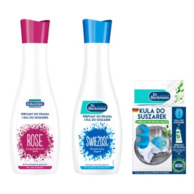 Perfumy do prania i kul do suszarek DR BECKMANN Róża 250 ml + Perfumy do prania i kul do suszarek DR BECKMANN Świeżość 250 ml + Kula do suszarek DR BECKMANN
