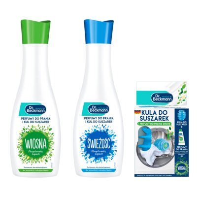 Perfumy do prania i kul do suszarek DR BECKMANN Wiosna 250 ml + Perfumy do prania i kul do suszarek DR BECKMANN Świeżość 250 ml + Kula do suszarek DR BECKMANN