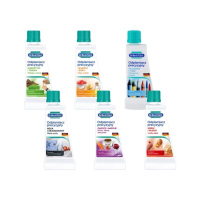 Odplamiacze do prania DR BECKMANN Makijaż i trawa, Tłuszcz i sosy, Długopis i tusz, Rdza i dezodorant, Owoce i napoje, Krew i Mleko (6 x 50 ml)