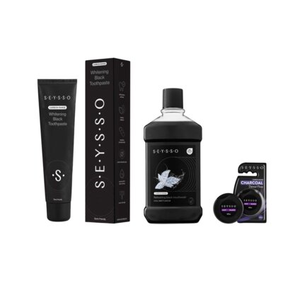 Pasta do zębów SEYSSO Carbon Black 75 ml + Płyn do płukania jamy ustnej SEYSSO Carbon Refreshing Black 500 ml + Nić dentystyczna SEYSSO Carbon z aktywnym węglem