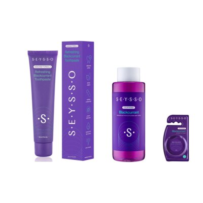 Pasta do zębów SEYSSO Color Refreshing Blackcurrant 75 ml + Płyn do płukania jamy ustnej SEYSSO Blackcurrant 500 ml + Nić dentystyczna SEYSSO Color Czarna porzeczka Fioletowy