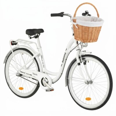 Rower miejski INDIANA Moena A3B 26 cali damski Biały + Koszyk wiklinowy na rower VÖGEL VKS-505 Stylowy + Wkład do koszyka VÖGEL VKSC705W Biały