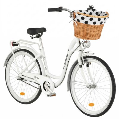 Rower miejski INDIANA Moena A3B 26 cali damski Biały + Koszyk wiklinowy na rower VÖGEL VKS-505 Stylowy + Wkład do koszyka VÖGEL VKSC705WK Biało-czarny