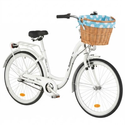 Rower miejski INDIANA Moena A3B 26 cali damski Biały + Koszyk wiklinowy na rower VÖGEL VKS-505 Stylowy + Wkład do koszyka VÖGEL VKSC705MTV Błękitno-biały
