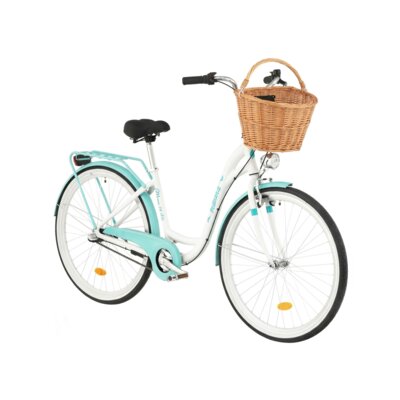 Rower miejski INDIANA Moena A3B 28 cali damski Biało-lazurowy + Koszyk wiklinowy na rower VÖGEL VKS-505 Stylowy