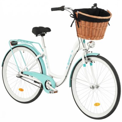 Rower miejski INDIANA Moena A3B 28 cali damski Biało-lazurowy + Koszyk wiklinowy na rower VÖGEL VKS-505 Stylowy + Wkład do koszyka VÖGEL VKSC705K Czarny