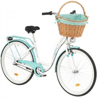Rower miejski INDIANA Moena A3B 28 cali damski Biało-lazurowy + Koszyk wiklinowy na rower VÖGEL VKS-505 Stylowy + Wkład do koszyka VÖGEL VKSC705MT Miętowy