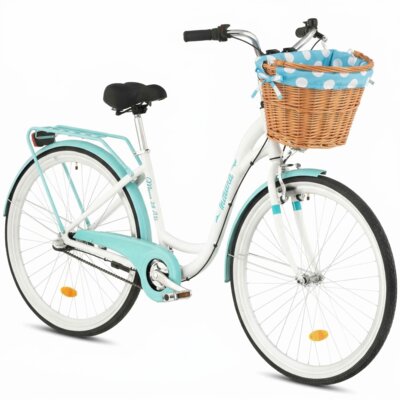 Rower miejski INDIANA Moena A3B 28 cali damski Biało-lazurowy + Koszyk wiklinowy na rower VÖGEL VKS-505 Stylowy + Wkład do koszyka VÖGEL VKSC705MTV Błękitno-biały