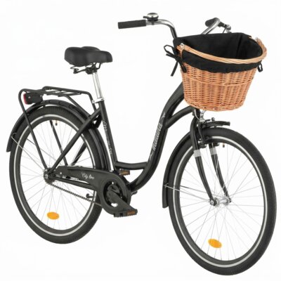Rower miejski INDIANA Moena S1B 26 cali damski Czarny + Koszyk wiklinowy na rower VÖGEL VKS-505 Stylowy + Wkład do koszyka VÖGEL VKSC705K Czarny