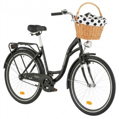 Rower miejski INDIANA Moena S1B 26 cali damski Czarny + Koszyk wiklinowy na rower VÖGEL VKS-505 Stylowy + Wkład do koszyka VÖGEL VKSC705WK Biało-czarny